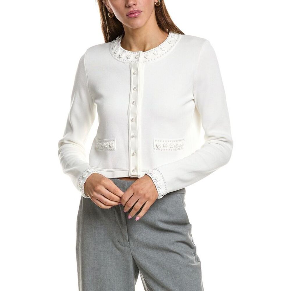 Endless Rose Womens Flower & Pearl Trim Knit Cardigan, White